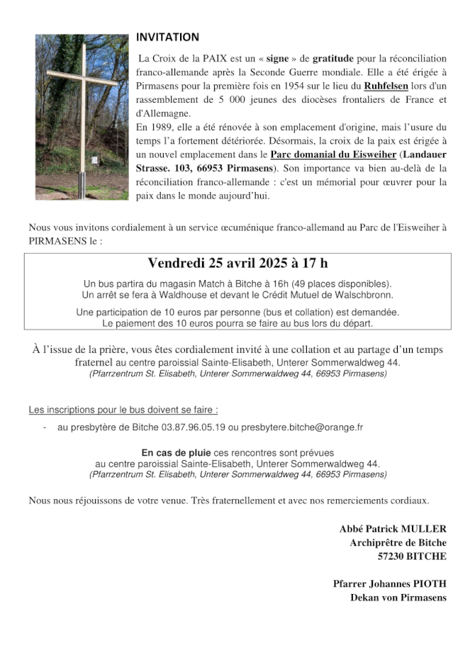 Invitation Rencontre Franco-Allemande Friedenskreuz Pirmasens